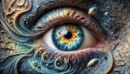 A surreal close-up of a human eye with a detailed, swirling iris resembling a galaxy or cosmic nebula