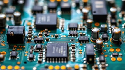 Fototapeta premium A highly detailed image of a PCB with microchips, capacitors, and transistors being tested.