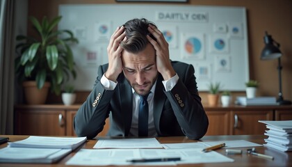 Bankrupt business owner looks stressed at an empty desk, surrounded by scattered financial documents.