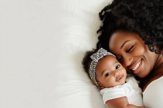 Closeup portrait of beautiful young African American mother day girl kiss healthy newborn baby sleep in bed flat lay copy space.