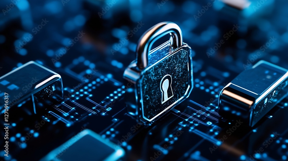 Aufkleber hightech security lock over digital circuitry illustrating cybersecurity and protection technology :