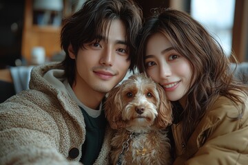 A 30s mature man and woman holding their dog, capturing family photo shots