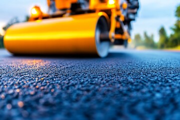 Road roller compacting freshly laid bitumen asphalt during road construction