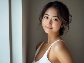 Fototapeta premium Japanese woman in her thirties, wearing a white tank top and smiling at the camera against a wall.