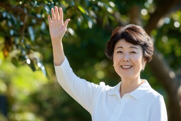 Japanese woman in her late forties wearing a white shirt, waving and smiling, with a park background.