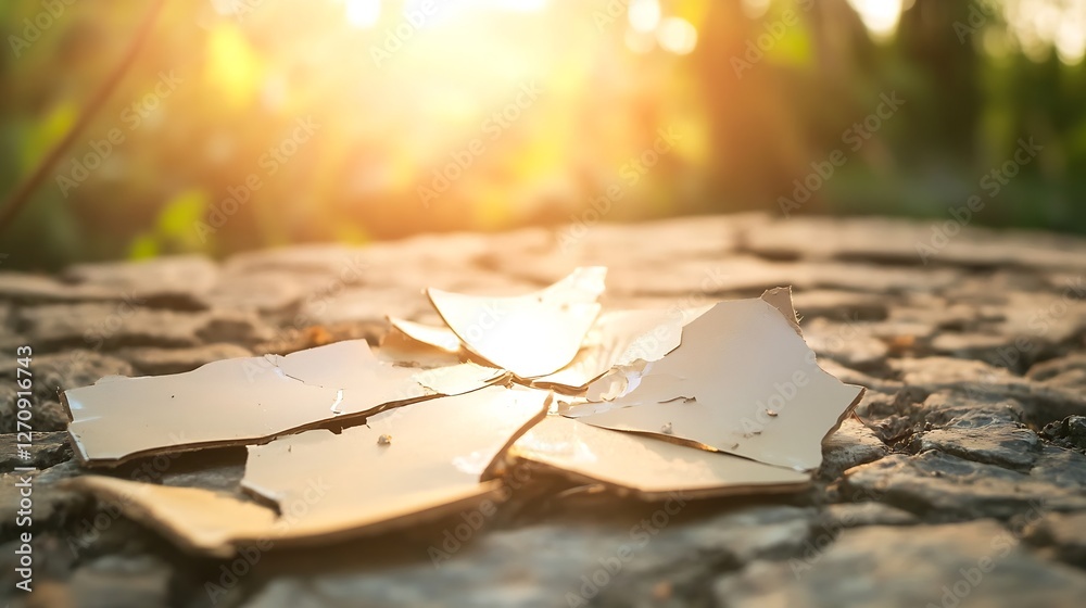 Poster shattered ceramic pieces scattered on textured stone with sunlight creating a beautiful glow : gener