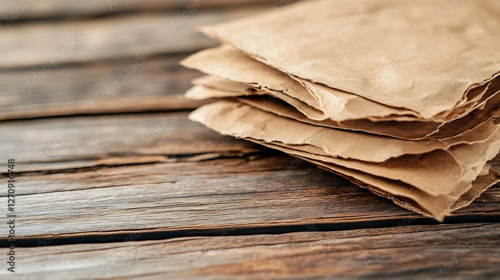 Aufkleber Old wrinkled sheets of brown paper stacked neatly on a weathered wooden surface with a rustic feel : Generative AI
