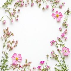 Vibrant pink wildflowers arranged in a delicate floral composition on a pristine white background, captured from a top view with ample blank space for text or design. Perfect for nature-inspired theme