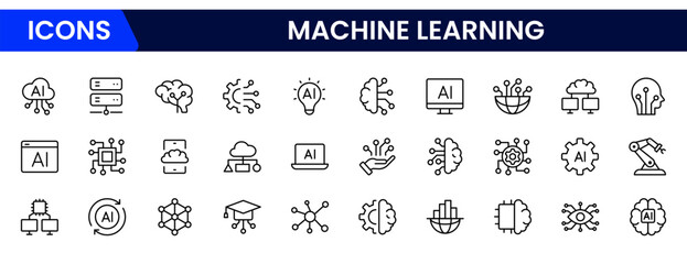 Artificial intelligence set of web icons inline style. AI technology icons for web and mobile apps. Machine learning, digital AI technology, algorithm, smart robotics, cloud computing network