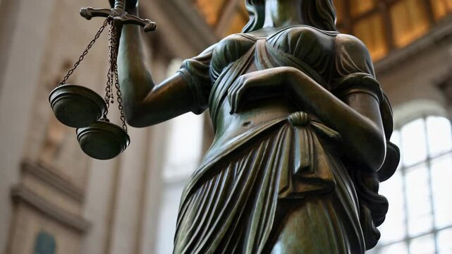 Lady justice statue with balancing scales inside courthouse interior under soft natural light