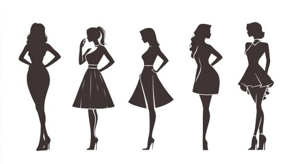 Female figure types silhouette. Women black silhouette, body structures. Chest, waist and hips proportion, geometric shapes, rectangle, triangle and hourglass, round and pear. Vector concept