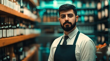 A confident shopkeeper stands in a well-stocked store, surrounded by shelves filled with various bottles, exuding professionalism and expertise.