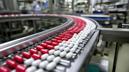 Obraz premium A macro shot of a pharmaceutical conveyor belt transporting thousands of red and white capsules.