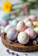 Obraz premium Easter Eggs in Soft Pastel Colors, Carefully Arranged on a Rustic Wooden Plate