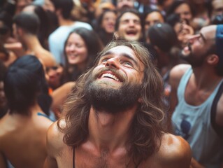 A man in a crowd enjoying a rock concert, looking up with a smile on his face.