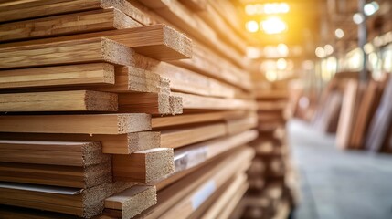 Obraz premium Stacked Wooden Boards in a WellLit Warehouse Environment Highlighting the Natural Warmth of Wood : Generative AI