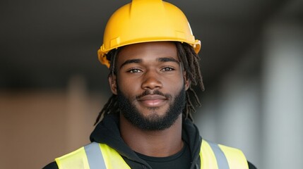 Portrait of a construction worker wearing a yellow hard hat and safety vest smiling confidently at a construction site