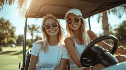 A couple of beautiful young girls have fun in one day at a golf club. Blonde women look at the camera happily while riding in a golf cart. Concept of 2 beautiful women playing golf