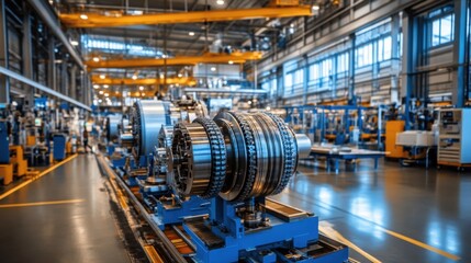 Fototapeta premium A modern turbine manufacturing facility filled with large metallic components and cutting-edge machinery.