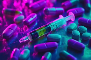 Syringe and pills in neon purple light
