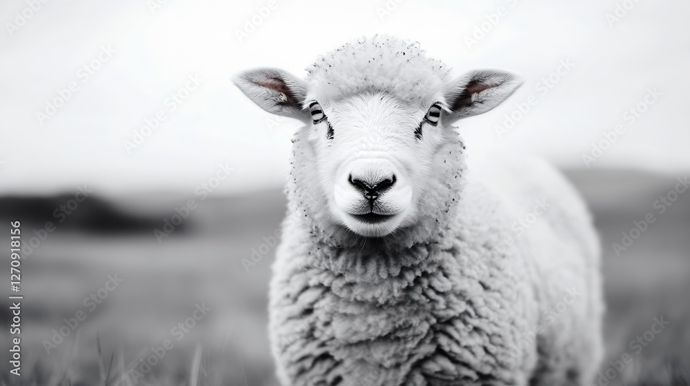Poster Charming fluffy sheep with soft wool and gentle expression grazing peacefully on a monochromatic landscape : Generative AI