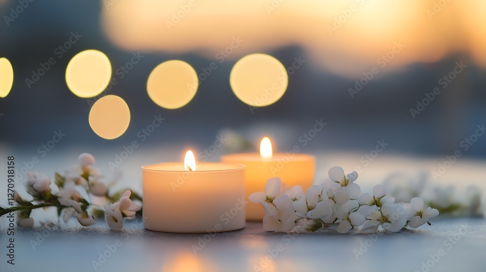 Fototapete beautiful candles illuminated on a serene background with delicate flowers in a tranquil setting : g