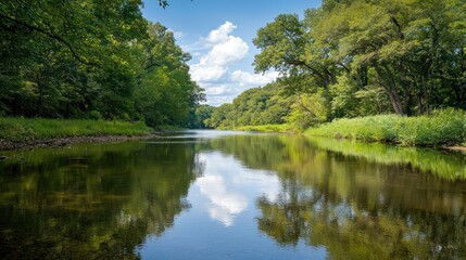 Obraz premium Serene River Landscape With Lush Green Trees And Cloud Reflections