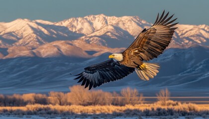 Fototapeta premium Bald eagle soaring, snowy mountains backdrop, sunrise