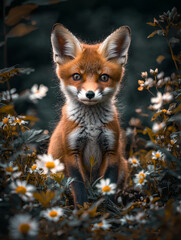 Red fox kit amidst wildflowers