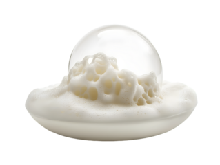 Abstract image of a translucent sphere resting on a textured, off-white foam base, isolated on a transparent background