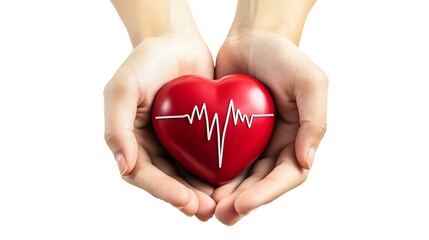 Obraz premium Hands holding a red heart with an electrocardiogram line, symbolizing healthcare, white background