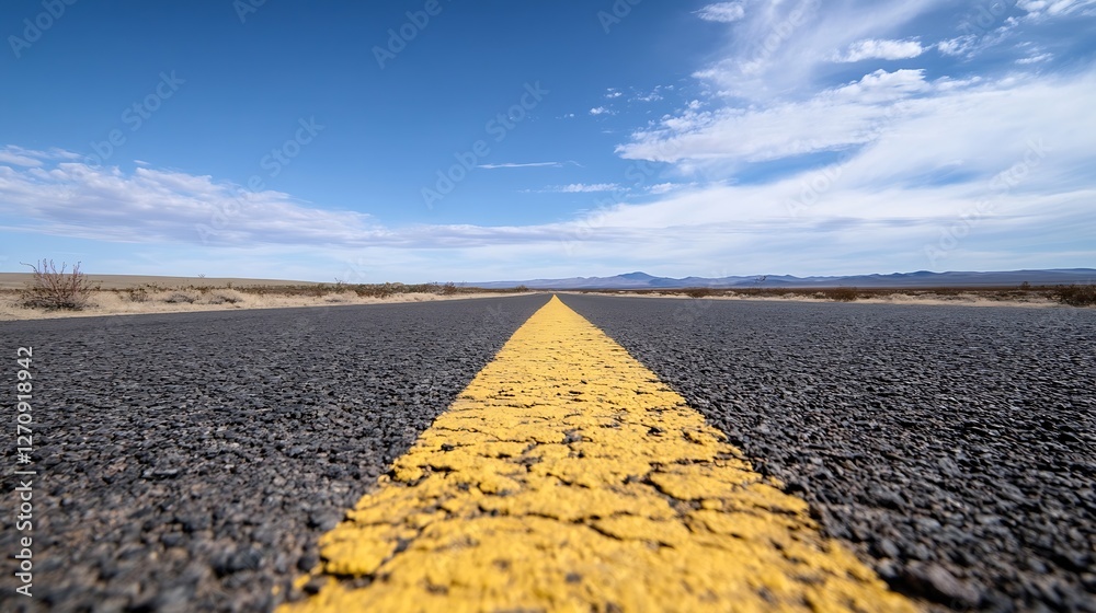Poster wide view of an open road with yellow line under a bright blue sky : generative ai
