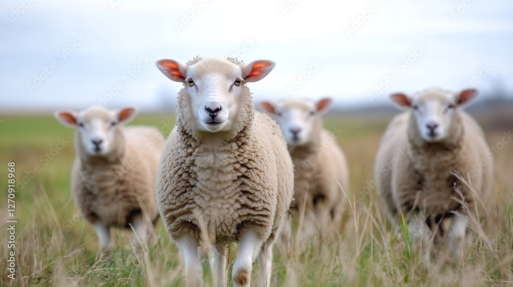 Poster curious sheep group grazing calmly in a lush green pasture field : generative ai