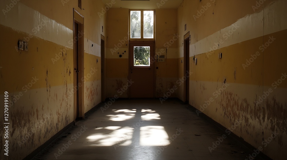 Aufkleber Eerie abandoned hallway in a deserted building with sunlight filtering through dusty windows : Generative AI
