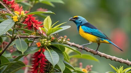A colorful tropical bird with bright blue and yellow feathers, perched on a vibrant tree branch.