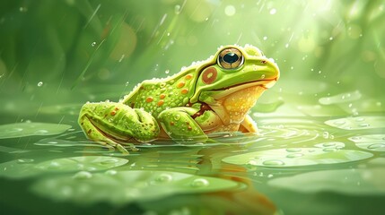 A vibrant green frog resting in water, surrounded by droplets and lush greenery.