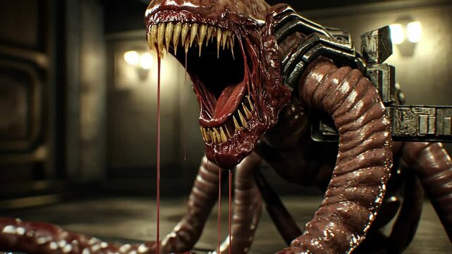 Alien creature with sharp teeth and tentacles in a dimly lit sci-fi environment