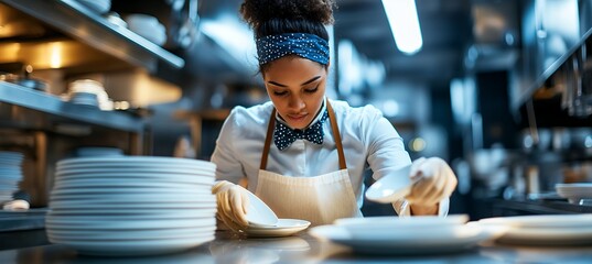 A focused young female chef meticulously stacks plates in a busy restaurant kitchen, showcasing dedication and precision