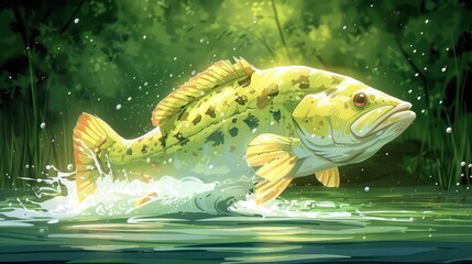 A colorful fish leaps from the water amidst a lush, green background.