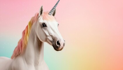 A majestic unicorn with a vibrant mane against a pastel gradient background.