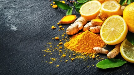 A dark background shot of turmeric powder, fresh ginger, and lemon slices