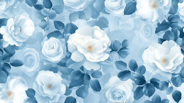 Delicate baby blue floral pattern featuring white roses in a harmonious design ideal for home decor and fabric prints
