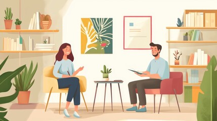 Cozy room, smiling people, bookshelves, colorful artwork, indoor plants, relaxing atmosphere, casual conversation