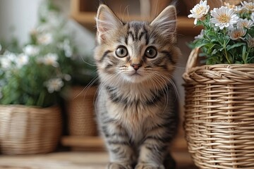 A candid pet portrait of an adult tabby cat sitting on the living room table