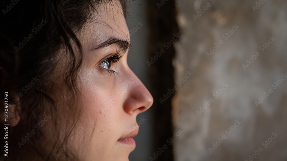 Poster Close up profile of a woman gazing thoughtfully out of a window in soft natural light : Generative AI