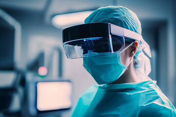 Surgeon utilizes augmented reality technology during intricate surgical procedure in a modern operating room