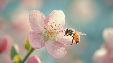 Bee pollinating pink blossom, spring garden, sunlight