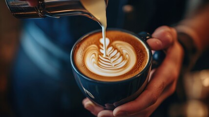 Latte art being created in a cozy cafe during the morning in a bustling city center