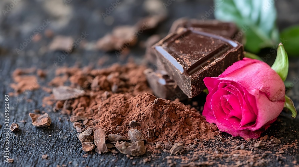 Poster decadent chocolate pieces with cocoa powder and a single vibrant rose on a dark textured surface : g