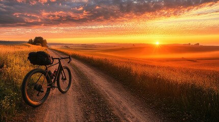 Naklejka premium A gravel bike on a dirt road at sunrise, surrounded by open fields